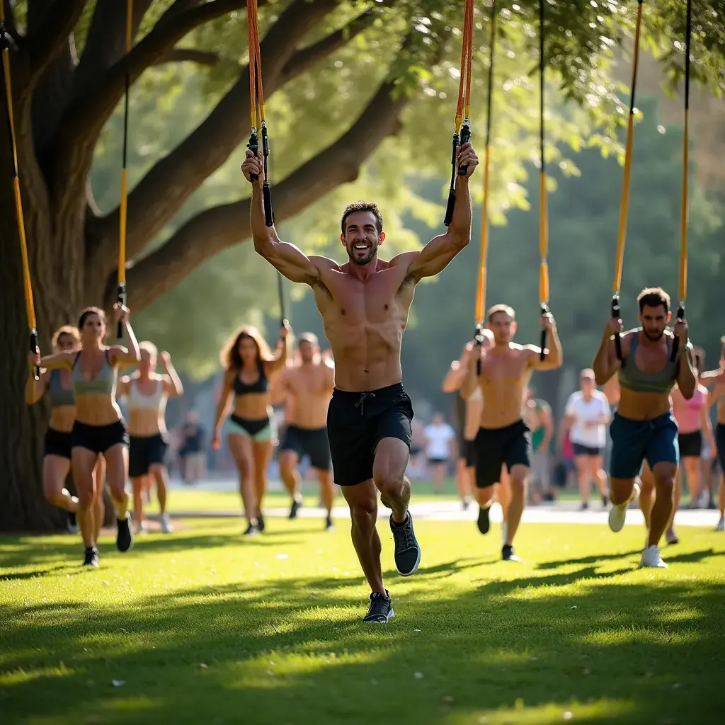 Entrenador guiando a un grupo en una sesión de entrenamiento funcional con TRX.