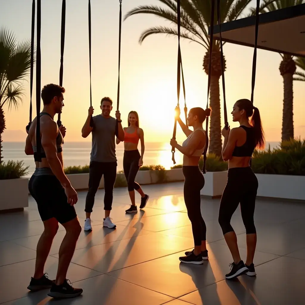 Mujer fortaleciendo su núcleo con un ejercicio de levantamiento en TRX.