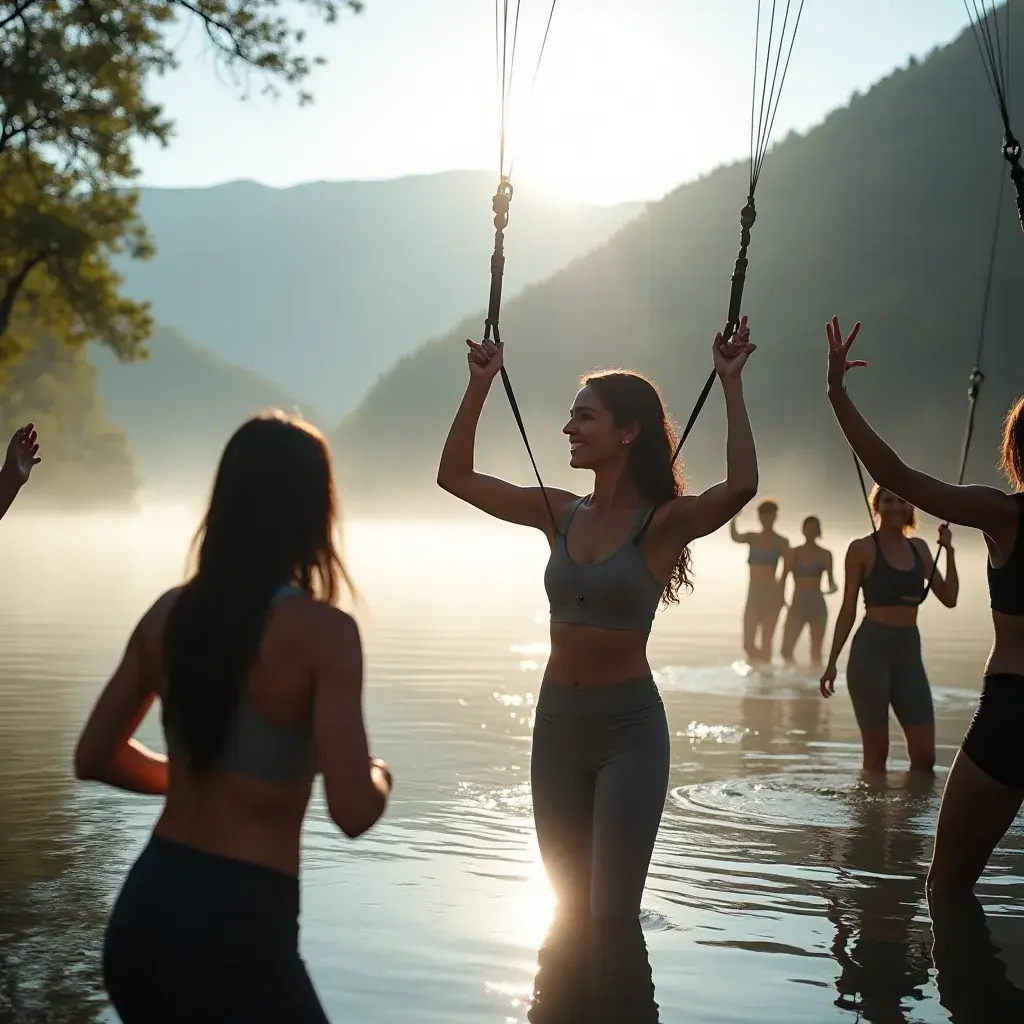 Clase de fitness al aire libre con participantes usando TRX para entrenar.