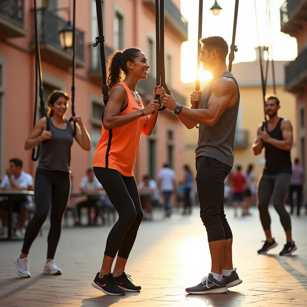 Grupo de amigos disfrutando de una sesión de ejercicio con correas TRX.