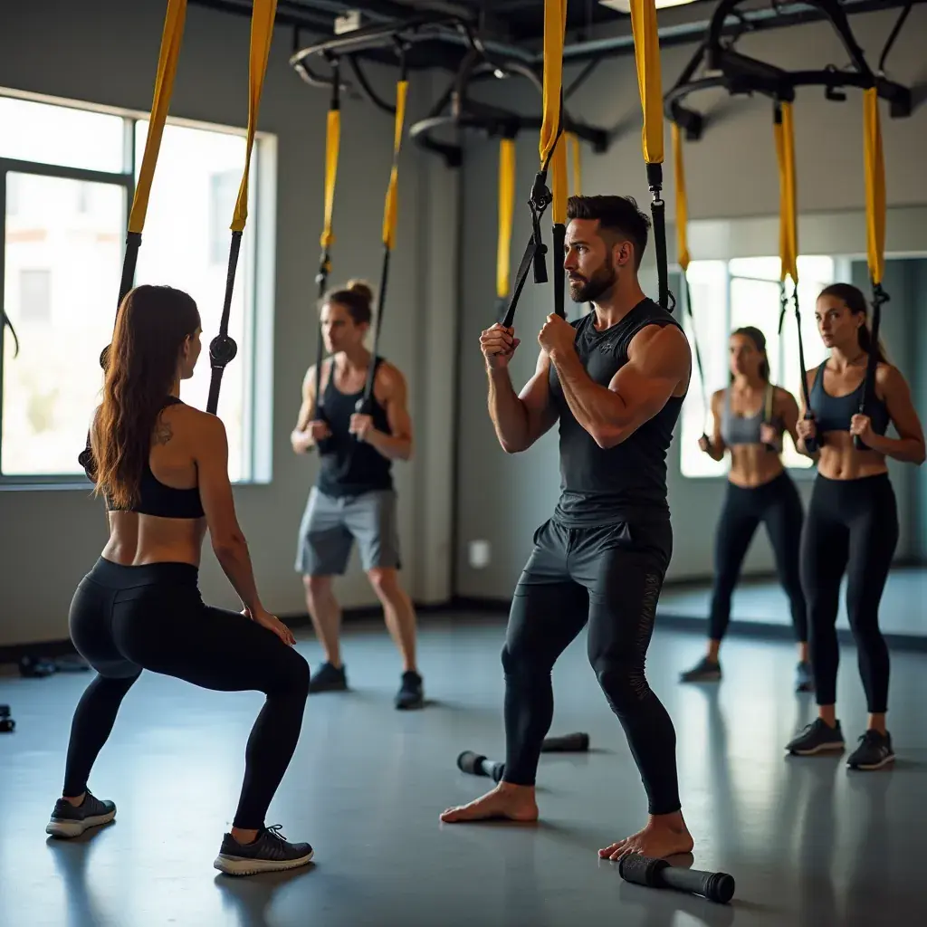 Hombre realizando un ejercicio de estiramiento con correas TRX.