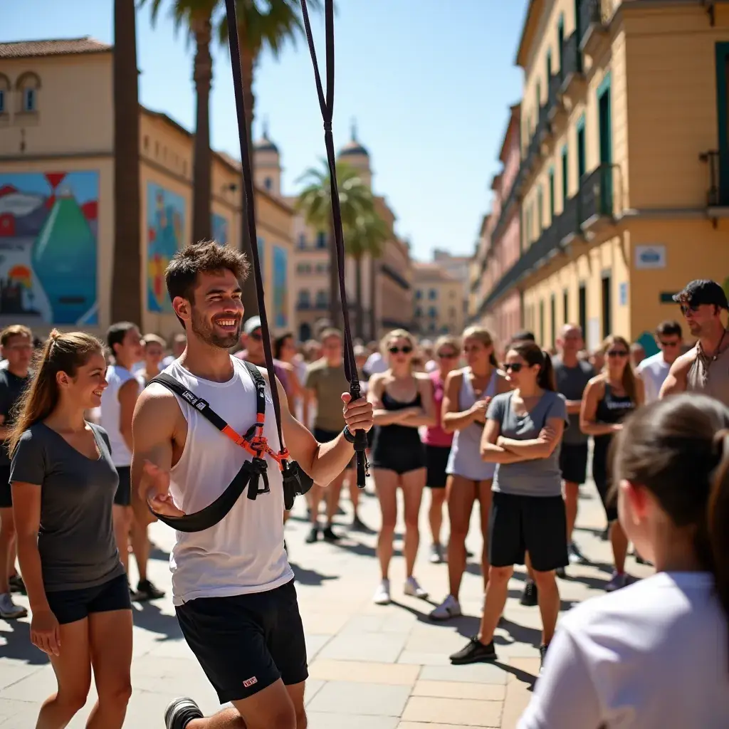 Entrenamiento de suspensión con TRX en un ambiente de playa.