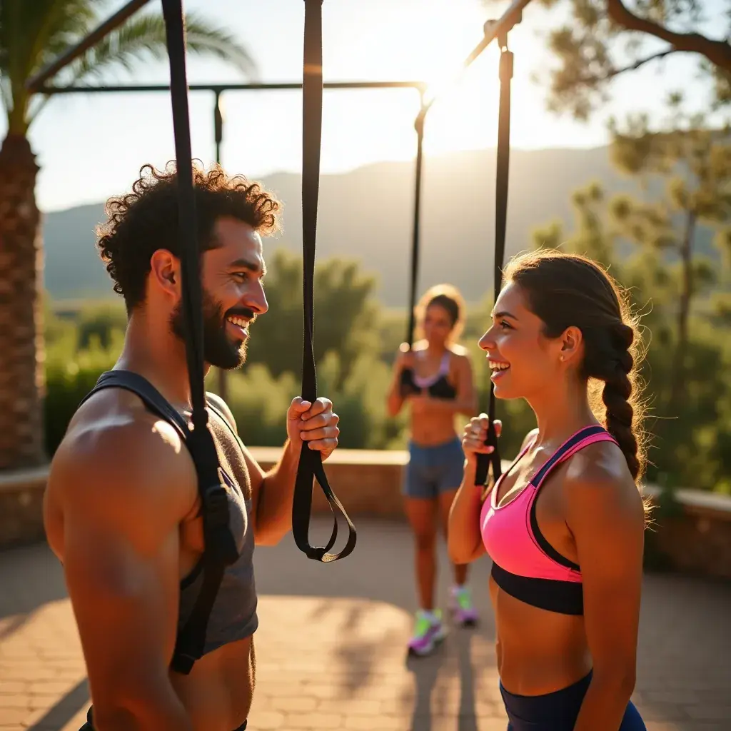 Persona ajustando las correas TRX para un entrenamiento personalizado.
